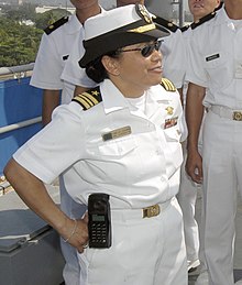 A U.S. Navy officer in 2004 wearing an IUSS badge 040424-N-4055P-004 - LCDR Romelda Sadiarin, USN.jpg