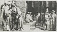 Pharisees in the Temple label QS:Len,"Pharisees in the Temple" label QS:Lnl,"De Farizeeërs in de tempel" . 1648. etching print and drypoint print (ii/iii). 7.2 × 12.9 cm (2.8 × 5 in). Various collections.