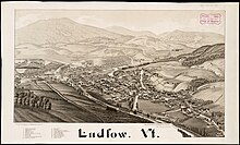 Lithograph of Ludlow from 1885 by L.R. Burleigh with a list of landmarks 1885 birds-eye map of Ludlow, Vermont.jpg