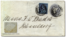 A postal stationery envelope used from London to Dusseldorf in 1900, with additional postage stamp perfinned "C & S" identifying the user as "Churchill & Sim" per the seal on the reverse shown on inset 1900c&sperfin.png