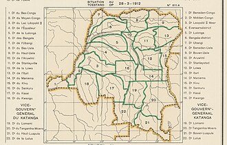 Districts in 1912 1912 districts Belgian Congo cropped from 1950 administration map Atlas General du Congo 611.jpg