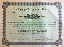 An "eighth grade certificate", dating from 1915 and issued in Allentown, Pennsylvania 1915 - ASD Eighth Grade Primary School Certificate Allentowon PA.jpg