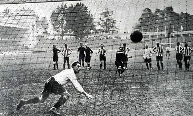 In the 1920 Olympic football final at the Olympisch Stadion in Antwerp, Robert Coppée scored for Belgium with a penalty kick.