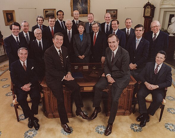 Jeane Kirkpatrick (center) with the other members of the Reagan Administration, 1981