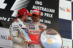2008 Race Winner Lewis Hamilton on the Podium with Nick Heidfeld 2008AusGPPodium.jpg