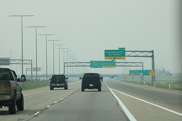 Anthony Henday Drive south through west Edmonton, after the Whitemud Drive interchange. This four-lane section has reached above its designed capacity