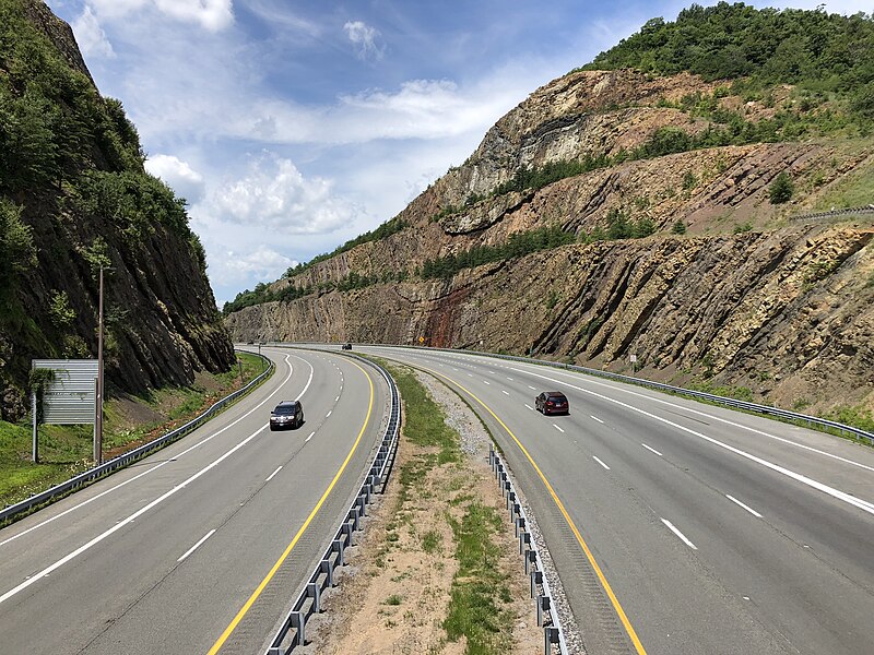 File:2019-07-14 13 12 11 View west along Interstate 68 and U.S. Route 40 (National Freeway) from the Victor Cushwa Memorial Bridge as it passes through the Sideling Hill Road Cut in Forest Park, Washington County, Maryland.jpg