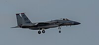 A US Air Force F-15C Eagle, tail number 81-0032, on final approach at Kadena Air Base in Okinawa, Japan.