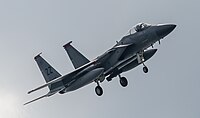 A US Air Force F-15C Eagle, tail number 85-0115, on final approach at Kadena Air Base in Okinawa, Japan