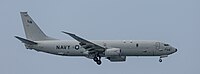 A US Navy P-8 Poseidon, tail number 168756, on final approach at Kadena Air Base in Okinawa, Japan.