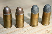Jacketed ammunition (left), bare lead (right) 45 Auto Rim comparison.jpg