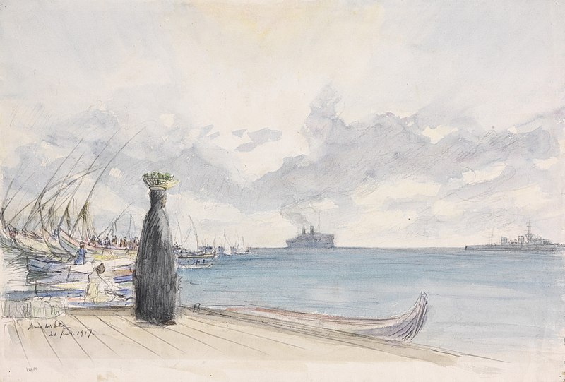 File:A Transport entering Port Said - Early morning. the liner coming up to the anchorage. Art.IWMART1411.jpg