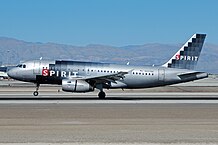 Airbus A319 N507NK landing at McCarran Airport Mar 2012 (6804924980).jpg