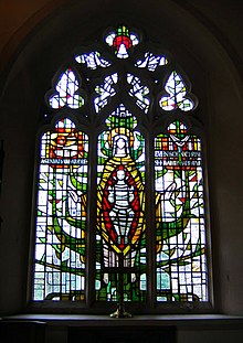 East window of the Lady Chapel of All Saints Church, Benhilton, Sutton depicting Our Lady with the infant Jesus, designed by John Lawson of Goddard & Gibbs, 2001 All Saints church Benhilton - window - geograph.org.uk - 1037895.jpg