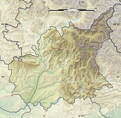Mapa konturowa Alp Górnej Prowansji, w centrum znajduje się punkt z opisem „Digne-les-Bains”