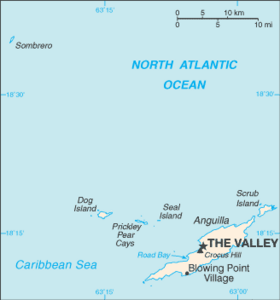 Mapa del Territorio Británico de Ultramar de Anguila con la isla de Anguila al sureste.