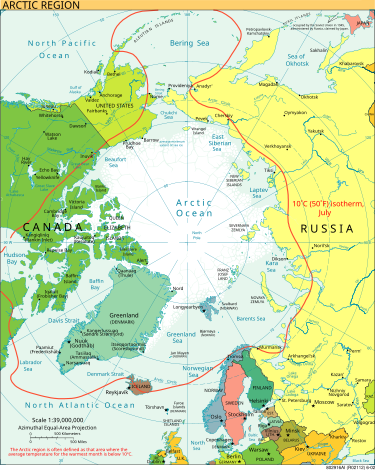 Northern Canada (depicted to the left) on a map of the polar region. There are three ways to describe the Arctic. One is the area above the Arctic Circle. Another is the northern region which is barren of trees. The third is the area where average daily temperatures in July are 10 degC (50 degF) or lower - in this isothermic map, the area circumscribed by the red line. Arctic.svg