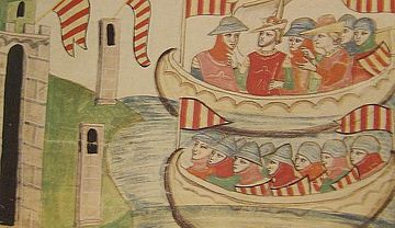 Peter III of Aragon disembarks at Trapani, a miniature from the Nuova Cronica of chronicler Giovanni Villani Arrivo aragonesi.jpg