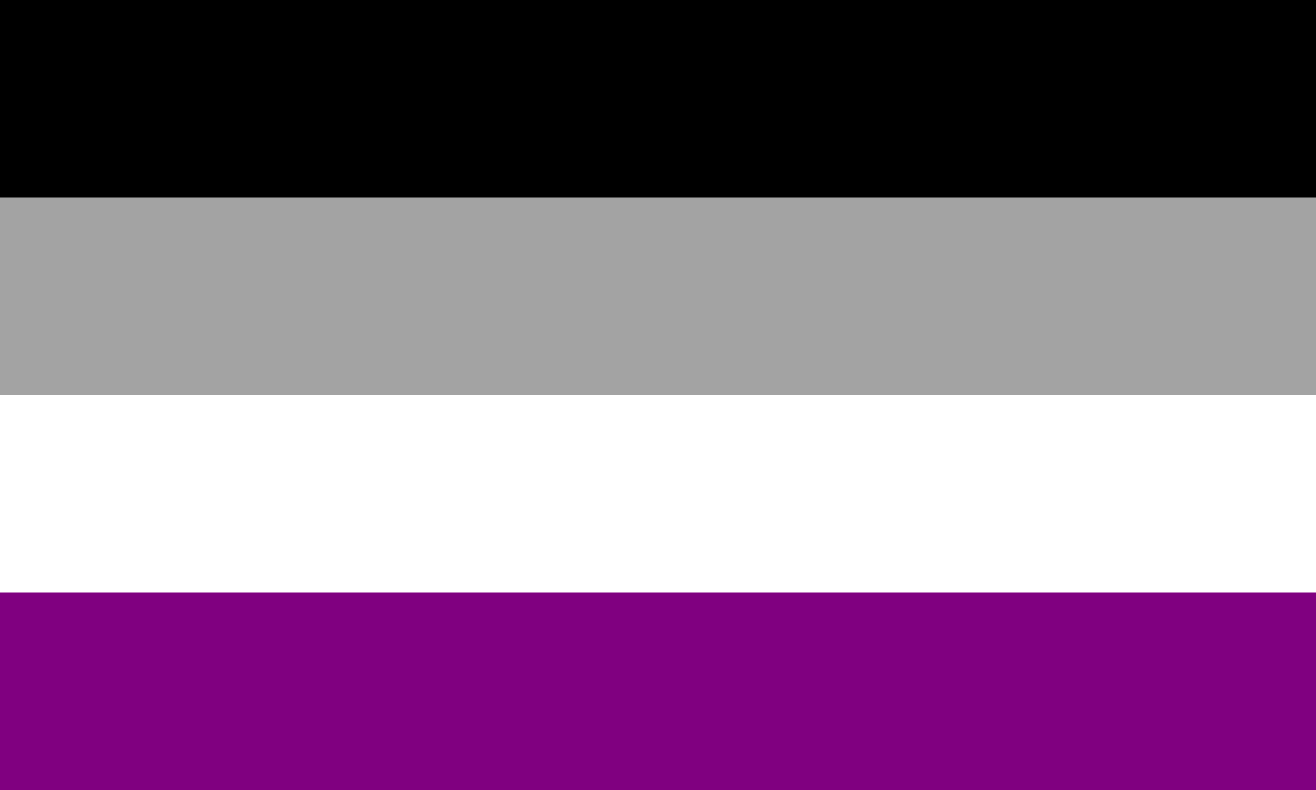 The Asexuality Flag - a flag with a purple stripe at the bottom, followed by a white stripe, followed by a grey stripe, and topped with a black stripe