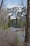 A view of Roaring Fork River and Aspen Ski Area in early April