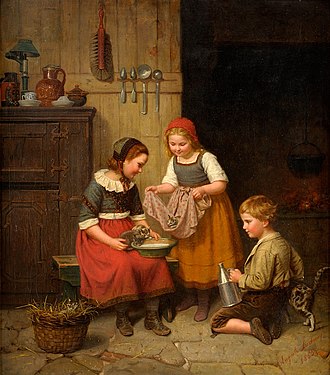 Kinder spielen mit Katzen in einer Kuche, 1865 Auguste Ludwig Kinder mit Katzchen 1865.jpg