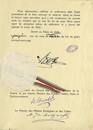 Ratification of the Treaty of Neuilly-sur-Seine.