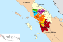 Distribution of the Batak people and the Toba, Simalungun, Karo, Pakpak, Angkola and Mandailing sub-groups Batak North Sumatra.svg