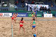 Deutsch: Beachhandball Europameisterschaften 2019 (Beach handball Euro); Tag 4: 5. Juli 2019 – Frauen, Viertelfinale, Kroatien-Ukraine 2:0 (21:20, 21:18) English: Beach handball Euro; Day 4: 5 July 2019 – Quarter Final Women – Croatia-Ukraine 2:0 (21:20, 21:18)