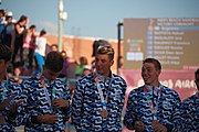 Deutsch: Beachhandball bei den Olympischen Jugendspielen 2018 in Buenos Aires; Tag 7, 13. Oktober 2018; Medaillenzeremonie Jungs - Gold: Spanien, Silber: Portugal, Bronze: Argentinien English: Beach handball at the 2018 Summer Youth Olympics in Buenos Aires at 13 October 2018 – Medal Ceremony Boys - Gold: Spain, Silver: Portugal, Bronze: Argentina Español: Handball de playa en los Juegos Olimpicos de la Juventud Buenos Aires 2018 en 13 de octubre de 2018 – Medalla Ceremonia para niños - Oro: España, Plata: Portugal, Bronce: Argentina