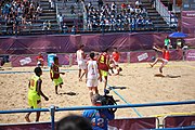 Deutsch: Beachhandball bei den Olympischen Jugendspielen 2018; Tag 4, 10. Oktober 2018; Jungs, Vorrunde, Gruppe A - Spanien-Venezuela 2:0 English: Beach handball at the 2018 Summer Youth Olympics at 10 October 2018 – Boys Preliminary Round Group A – Spain-Venezuela 2:0