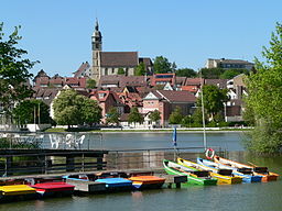 Boeblingen, Germany. Lake Oberer See and church Stadtkirche St. Dionysius.