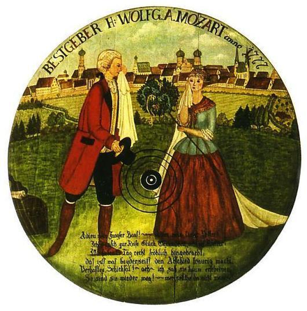 Modern reconstruction of a target for Bölzlschiessen (dart shooting), a light entertainment of the Mozart family. It depicts a sad farewell between Marianne and Mozart in 1777.