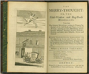 Frontispiece and title page to The Merry Thought: or, The Glass-Window and Bog-house Miscellany, which claimed to include "the Lucubrations of the Polite Part of the World, written upon walls, in Bog-Houses" such as the one at left of the tavern shown Bog House.jpg