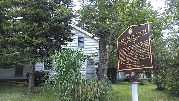 Historical marker in front of Albion Tourgée's boyhood home near Kingsville, Ohio; marker placed in May 2015.