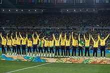 Players at the podium with the first Olympic Gold of the Brazil national football team, won in the 2016 Summer Olympics. Football is the most popular sport in the country. Brasil conquista primeiro ouro olimpico nos penaltis 1039264-20082016- mg 4348.jpg
