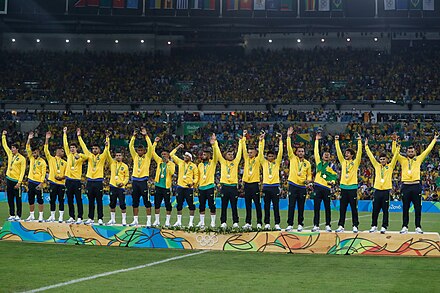 Players at the podium with the first Olympic Gold of the Brazil national football team, won in the 2016 Summer Olympics. Football is the most popular sport in the country.