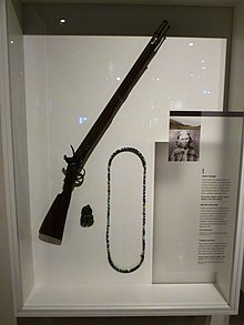 Musket (Brown Bess) in use throughout the Musket Wars in New Zealand. Brown Bess Musket Otago New Zealand.jpg