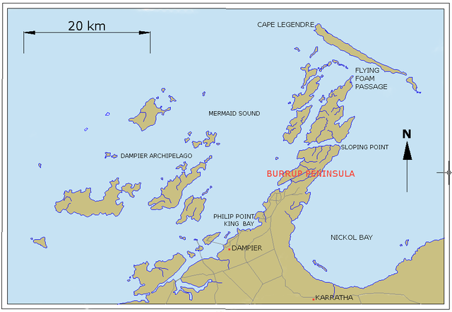 Mapa de Dampier e de seu entorno.