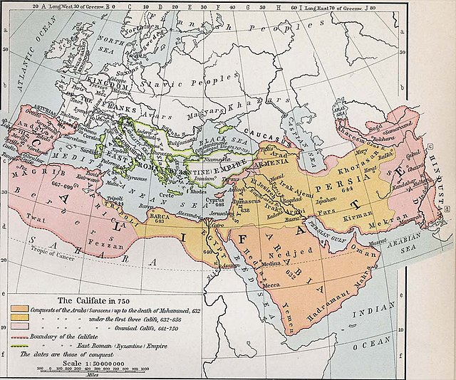 Old map of western Eurasia and northern Africa showing the expansion of the Caliphate from Arabia to cover most of the Middle East, with the Byzantine Empire outlined in green