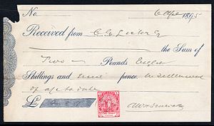 A Cape of Good Hope postage stamp fiscally used on an 1895 receipt Cape of Good Hope postage stamp on 1895 receipt.jpg