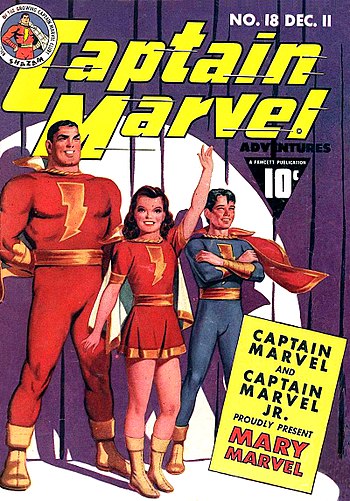 The first appearance of Mary Marvel, from Captain Marvel Adventures #18 (1942). Art by C. C. Beck.