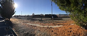 Two CSX GP40-2 locomotives idle in the yard in 2021 Cedar Hill Yard panorama.jpg