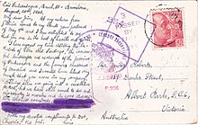 Part of message obliterated by indelible pencil Censored mail Spain Australia 1943.jpg