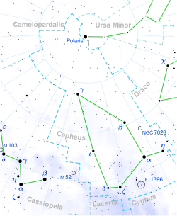 세페우스자리의 성도(星圖). 알데라민은 그림 오른쪽 아래 α이다.