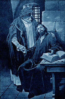 Romantický obraz Křišťan z Prachatic návštěvou mistra Jana Husi od Věnceslava Černého