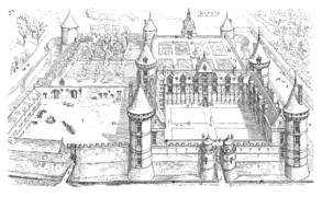 Jardins du Château de Bury, ensemble détruit en 1642 (Jacques Ier Androuet du Cerceau, « Les plus excellents bastiments de France »).