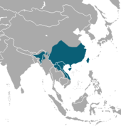Mapa Asie s velkou barevnou oblastí přetékající z Číny