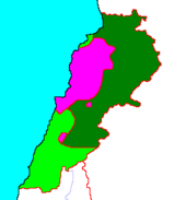 Power balance in Lebanon, 1976:
Dark Green - controlled by Syria;
Purple - controlled by Maronite groups;
Light Green - controlled by Palestinian militias Civil war Lebanon map 1976a.gif