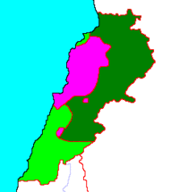 Map showing power balance in Lebanon, 1976:
Dark Green - controlled by Syria;
Purple - controlled by Maronite groups;
Light Green - controlled by Palestinian militias Civil war Lebanon map 1976a.gif