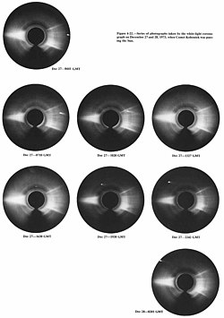 A collage of eight images of the comet as it passed by the sun. The sun is blocked out by the imaging instrument.